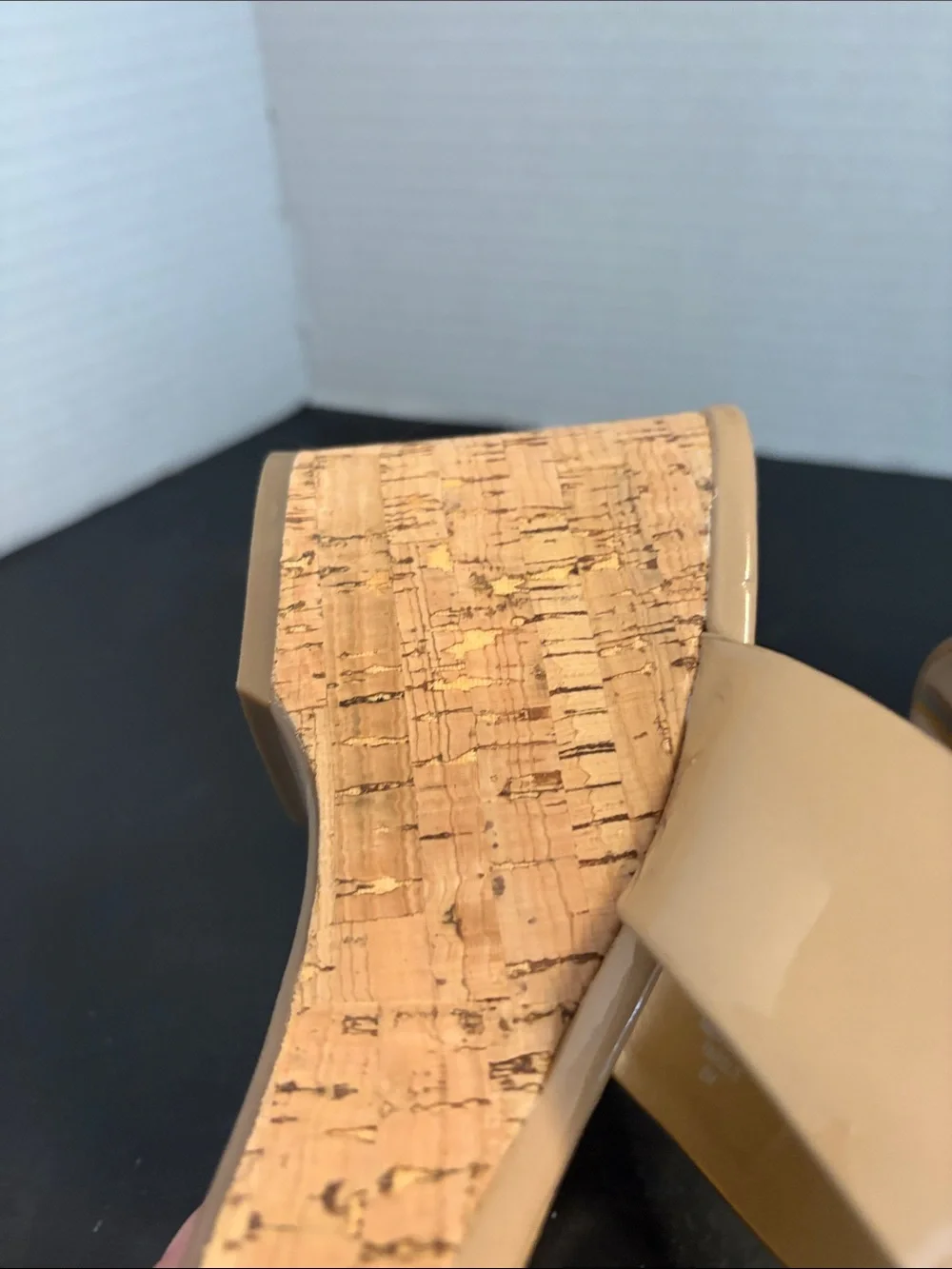 Sam Edelman Beige Patent Cork Wedge Thong Sandals with Gold Logo, Size 9